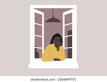 A young character rests on their elbow, peering intently through an open window, keenly observing the activities unfolding in their neighborhood
