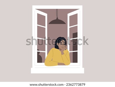 A young character rests on their elbow, peering intently through an open window, keenly observing the activities unfolding in their neighborhood