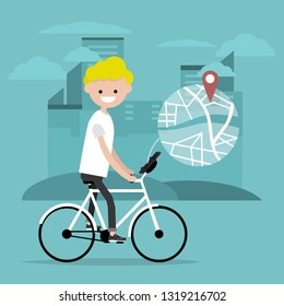 Young character riding a bike and using a navigational app. Map and geo tag on city background.Flat cartoon design.Clip art
