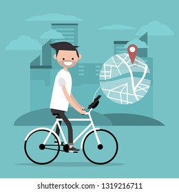 Young character riding a bike and using a navigational app. Map and geo tag on city background.Flat cartoon design.Clip art