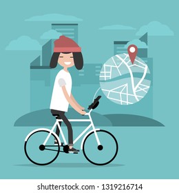 Young character riding a bike and using a navigational app. Map and geo tag on city background.Flat cartoon design.Clip art
