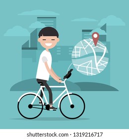 Young character riding a bike and using a navigational app. Map and geo tag on city background.Flat cartoon design.Clip art