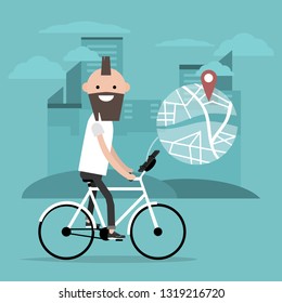 Young character riding a bike and using a navigational app. Map and geo tag on city background.Flat cartoon design.Clip art