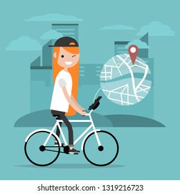 Young character riding a bike and using a navigational app. Map and geo tag on city background.Flat cartoon design.Clip art