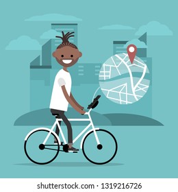 Young character riding a bike and using a navigational app. Map and geo tag on city background.Flat cartoon design.Clip art