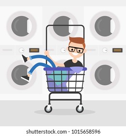 Young character riding in a laundry cart. Daily routine. Having fun. Flat editable vector illustration, clip art