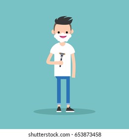 Young character shaving his face / flat editable vector illustration, clip art