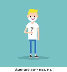 Young character shaving his face / flat editable vector illustration, clip art