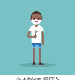 Young character shaving his face / flat editable vector illustration, clip art