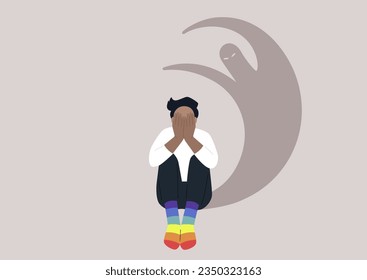 Un joven personaje que protege su cara con las manos, atrapado en una situación angustiosa que involucra discriminación basada en orientación sexual, una presión abrumadora y luchas con un malestar intenso