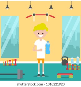 Young character shows water bottle and and thumb up in the gym.Flat cartoon design