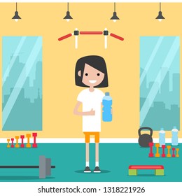 Young character shows water bottle and and thumb up in the gym.Flat cartoon design