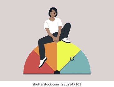 A young character siting on top of a credit score infographics, a semi-circle dashboard with four colorful sectors and an arrow