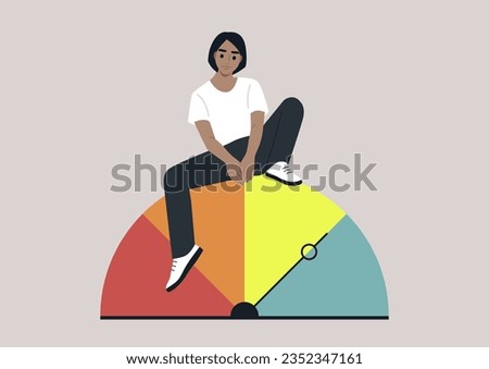 A young character siting on top of a credit score infographics, a semi-circle dashboard with four colorful sectors and an arrow