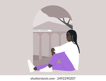 A young character sits by a window, gazing out at the passing train and the cityscape beyond, Sunlight streams through the archway, illuminating their pensive expression