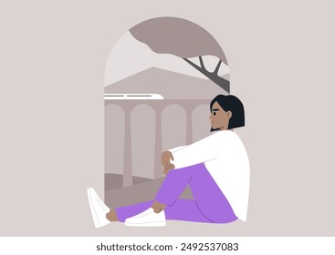 A young character sits by a window, gazing out at the passing train and the cityscape beyond, Sunlight streams through the archway, illuminating their pensive expression