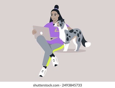 A young character sits on the floor and works on a laptop, A faithful merle dog sits beside them, a comforting presence in their day