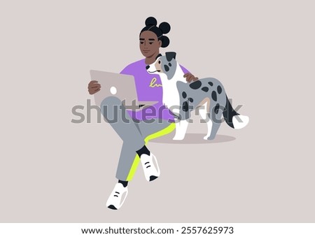 A young character sits on the floor and works on a laptop, A faithful merle dog sits beside them, a comforting presence in their day