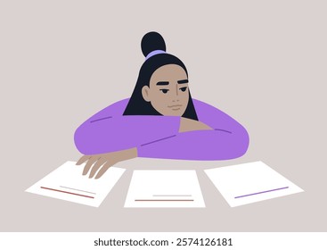 A young character sits thoughtfully at a table, analyzing multiple blank sheets of paper, lost in their considerations about potential paths and decisions to take in life