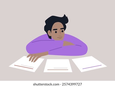 A young character sits thoughtfully at a table, analyzing multiple blank sheets of paper, lost in their considerations about potential paths and decisions to take in life