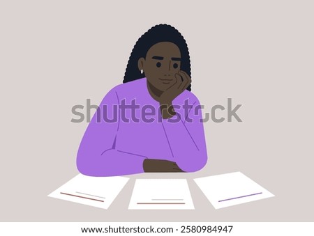 A young character sits thoughtfully at a table, analyzing multiple blank sheets of paper, lost in their considerations about potential paths and decisions to take in life