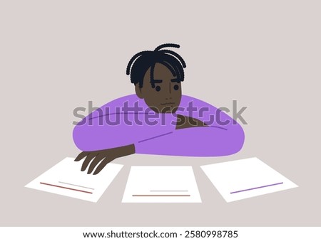 A young character sits thoughtfully at a table, analyzing multiple blank sheets of paper, lost in their considerations about potential paths and decisions to take in life