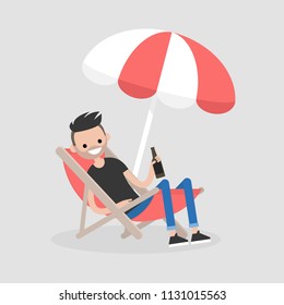 Young character sitting in a chaise lounge under the beach umbrella and drinking beer. Vacation. Summer. Weekend. Outdoor. Flat editable vector illustration, clip art