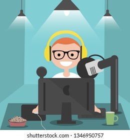 Young character sitting at computer desk.Streaming.Cloud gaming service.Flat cartoon design.Clip art