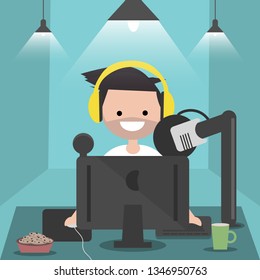 Young character sitting at computer desk.Streaming.Cloud gaming service.Flat cartoon design.Clip art