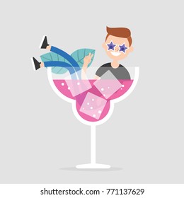 Young character sitting in a huge glass with a cocktail. Night life concept. Flat editable vector illustration, clip art