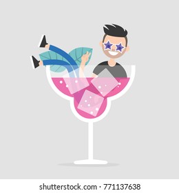 Young character sitting in a huge glass with a cocktail. Night life concept. Flat editable vector illustration, clip art