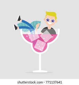 Young character sitting in a huge glass with a cocktail. Night life concept. Flat editable vector illustration, clip art