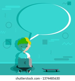 Young character sitting with laptop.Copy space.Modern geometric background.Flat cartoon design