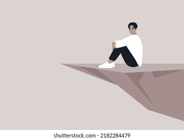 A young character sitting on the edge of the cliff, a depressive episode