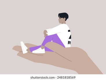 A young character sitting on a hand palm, psychotherapy, help and support, a counseling session