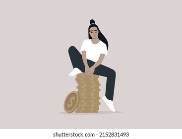 A young character sitting on a stack of coins, a salary concept