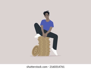 A young character sitting on a stack of bitcoins, a crypto market banking service concept