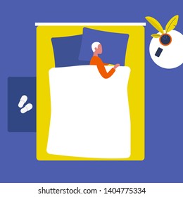 Young character sleeping in a double bed. Top view. Interior design. Flat editable vector illustration, clip art