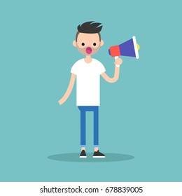 Young character speaking through megaphone / flat editable vector illustration, clip art
