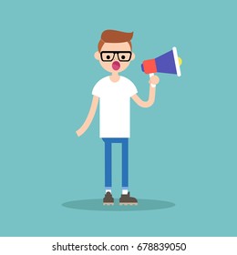 Young character speaking through megaphone / flat editable vector illustration, clip art
