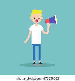 Young character speaking through megaphone / flat editable vector illustration, clip art