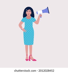 Young character speaks into a megaphone. Statement, utterance, news concept. Colored vector illustration in flat cartoon style