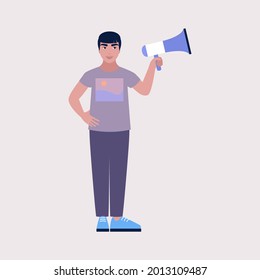 Young character speaks into a megaphone. Statement, utterance, news concept. Colored vector illustration in flat cartoon style