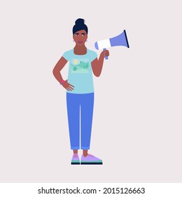 Young character speaks into a megaphone. Statement, utterance, news concept. Colored vector illustration in flat cartoon style