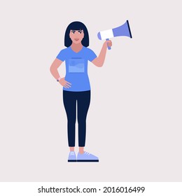 Young character speaks into a megaphone. Statement, utterance, news concept. Colored vector illustration in flat cartoon style