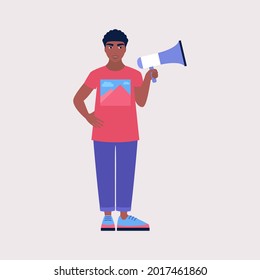 Young character speaks into a megaphone. Statement, utterance, news concept. Colored vector illustration in flat cartoon style