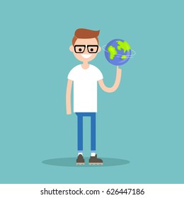 Young character spinning the globe on finger / flat editable vector illustration, clip art