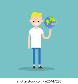 Young character spinning the globe on finger / flat editable vector illustration, clip art