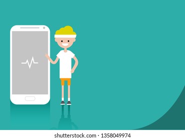 Young character in sportswear standing near smartphone.Sport health app.Space for your text.Flat cartoon design