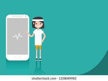 Young character in sportswear standing near smartphone.Sport health app.Space for your text.Flat cartoon design